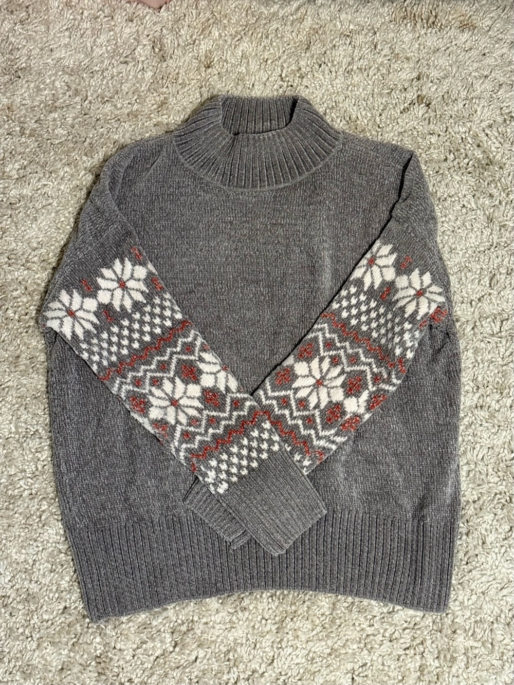 Christian Siriano Gray Turtleneck Sweater with Cream & Rust Fair Isle Sleeves